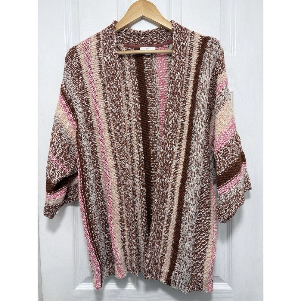 J. Jill Women's Striped Open Front Cardigan Cotton Blend Sweater Pink Brown Sz S